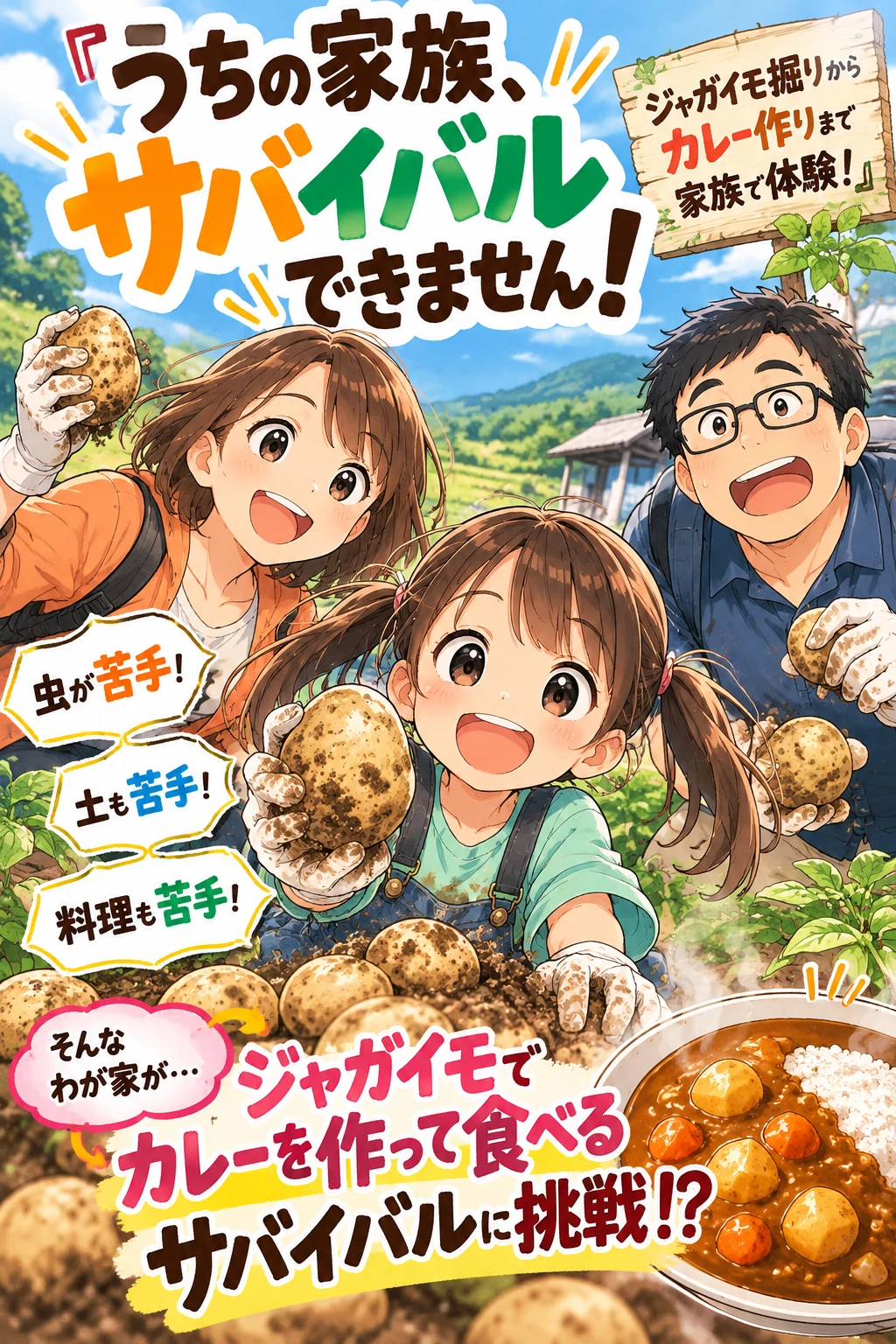 漫画LPの制作実績。「うちの家族、サバイバルできません！」ジャガイモ掘り体験の表紙