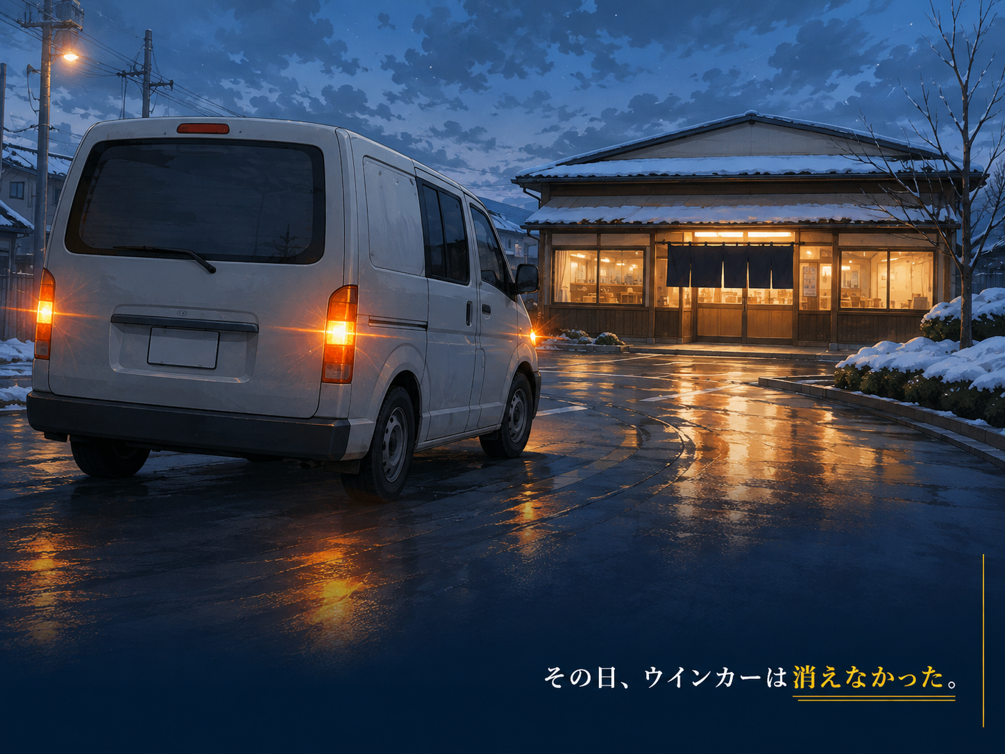 夜、灯りのついた食堂の前に停まる一台の車。『その日、ウインカーは消えなかった。』第8ページ