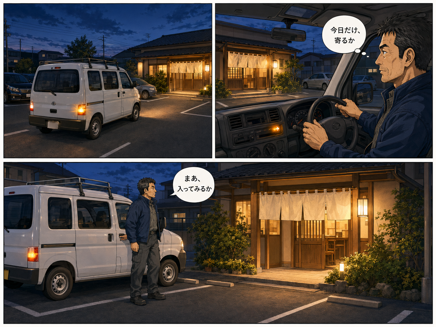 「今日だけ、寄るか」。ひとり、古い食堂の暖簾の前で迷う主人公。第9ページ
