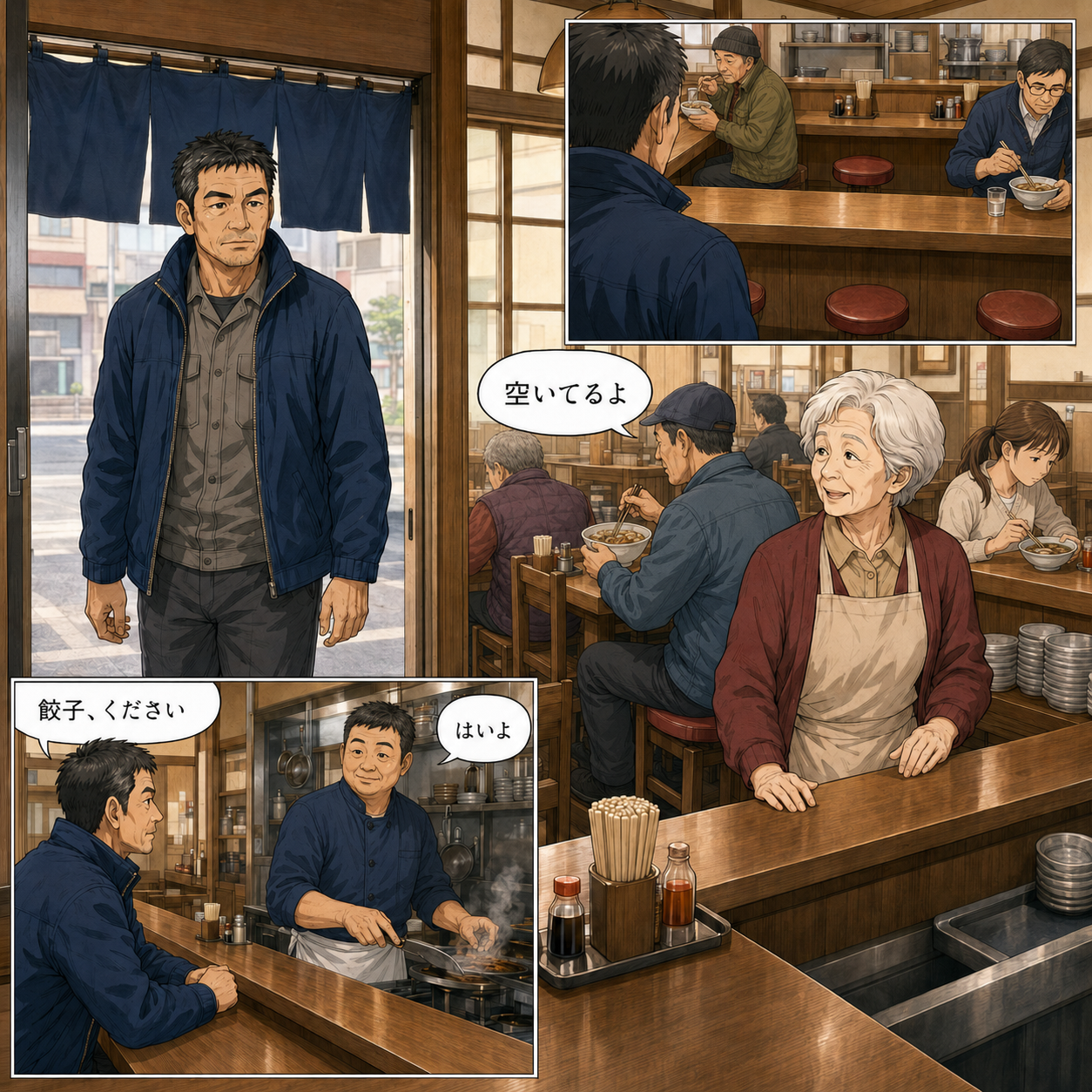 暖簾をくぐり「餃子、ください」。まち中華のカウンターに座る主人公。第10ページ