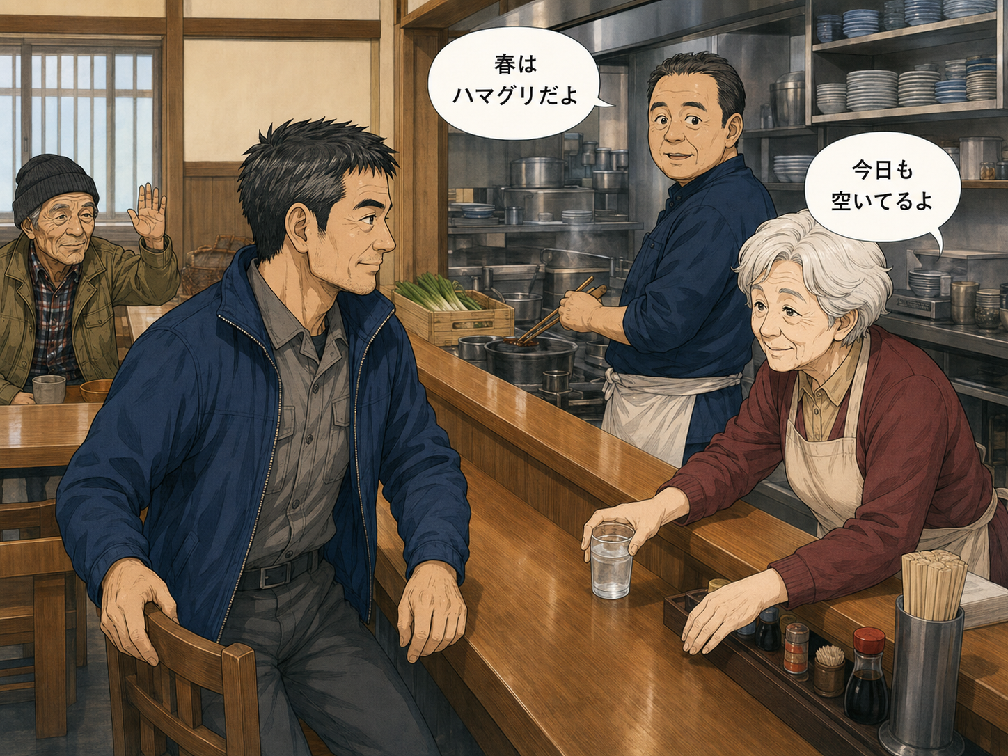 常連になった主人公と、店主と母。「春はハマグリだよ」「今日も空いてるよ」。顔の見える昼になった最終ページ