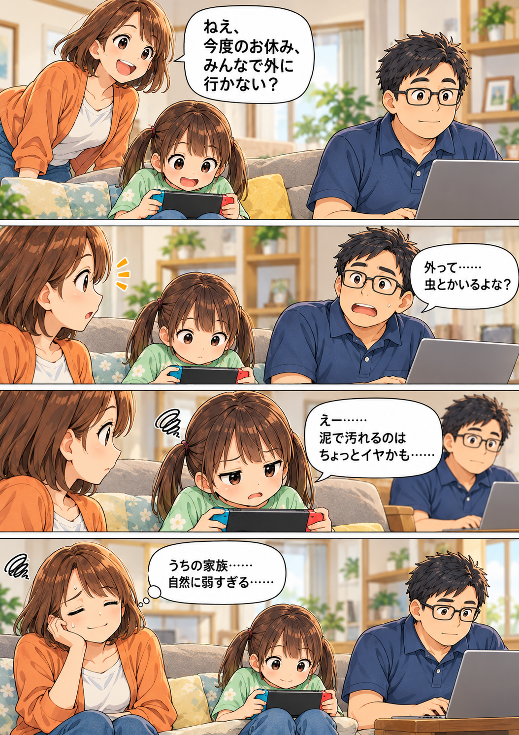 休日のリビング。外出を誘う理恵と、パソコンやゲームに夢中の父娘。
