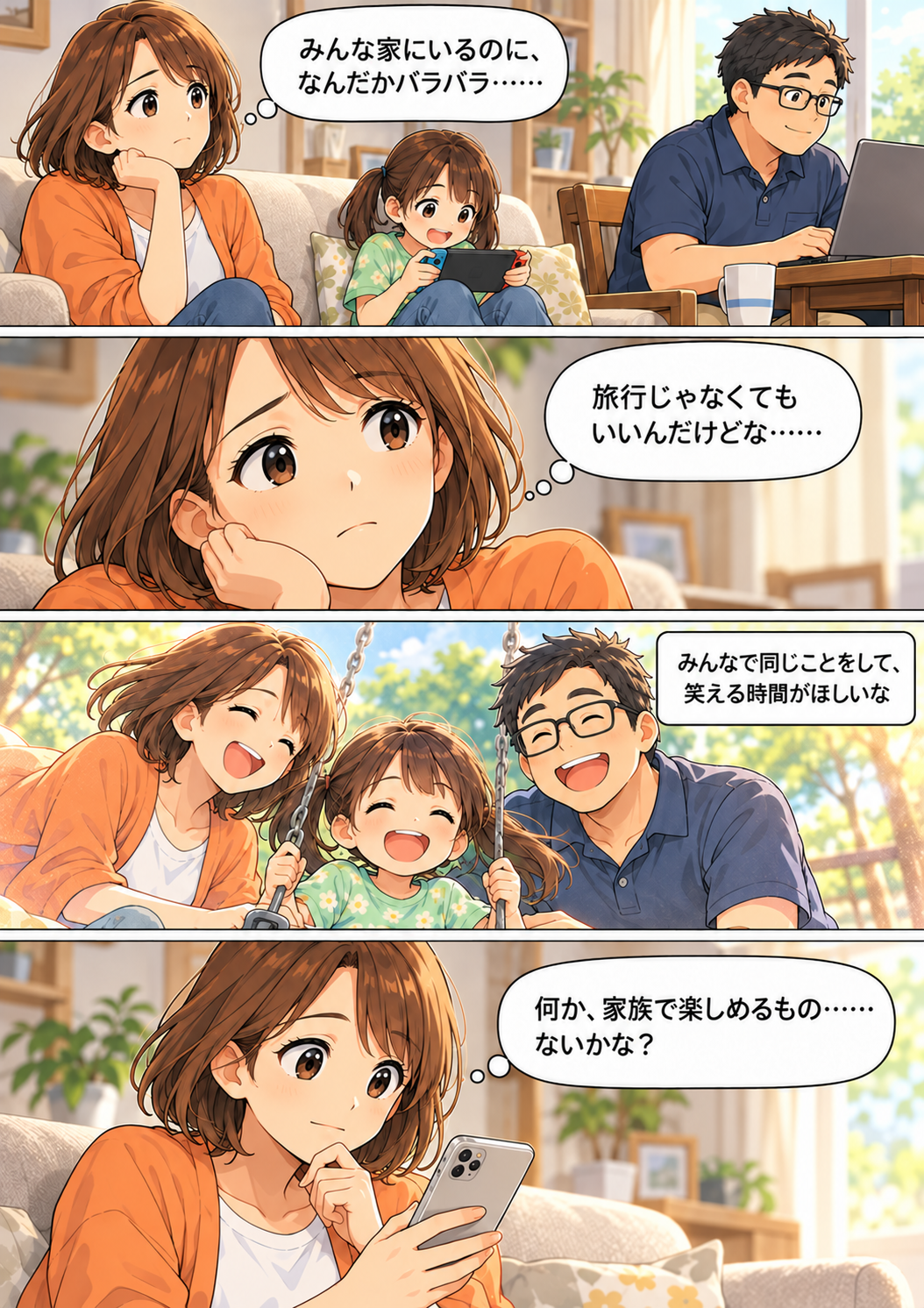 家族で笑える時間を願い、理恵がスマートフォンを手に取る。