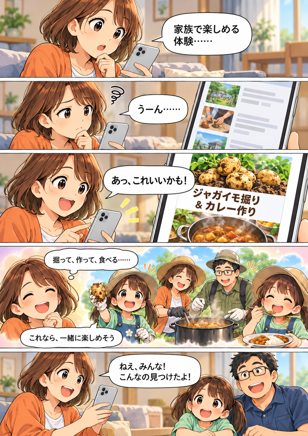 スマートフォンでジャガイモ掘りとカレー作り体験を見つける理恵。