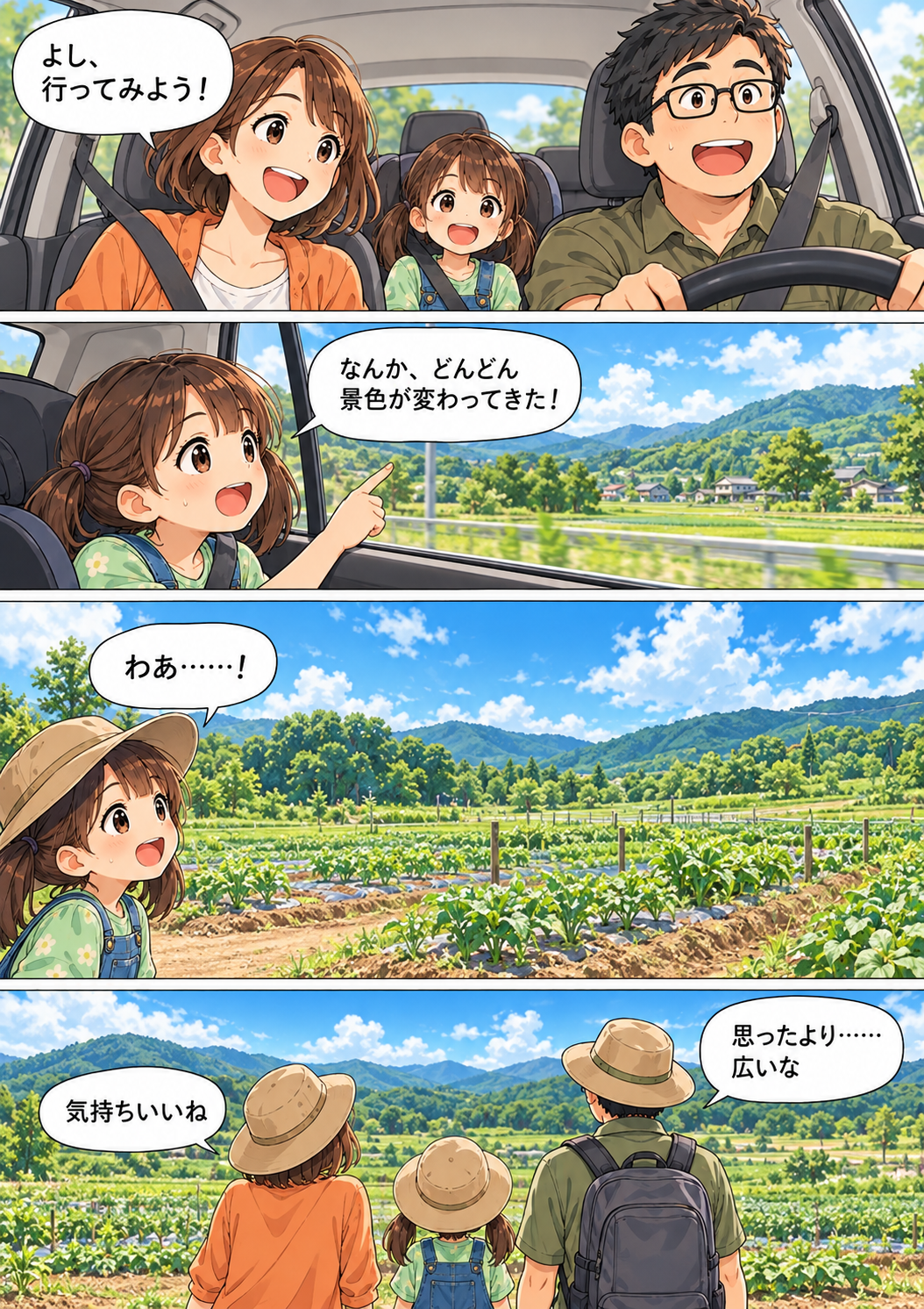 家族が車で出発し、新緑と青空が広がる畑に到着する。