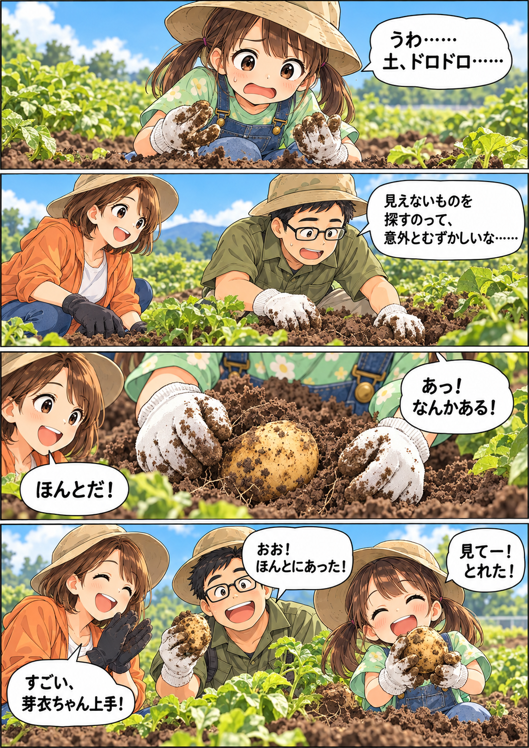 土をためらっていた芽衣がジャガイモを見つけ、家族で喜ぶ。