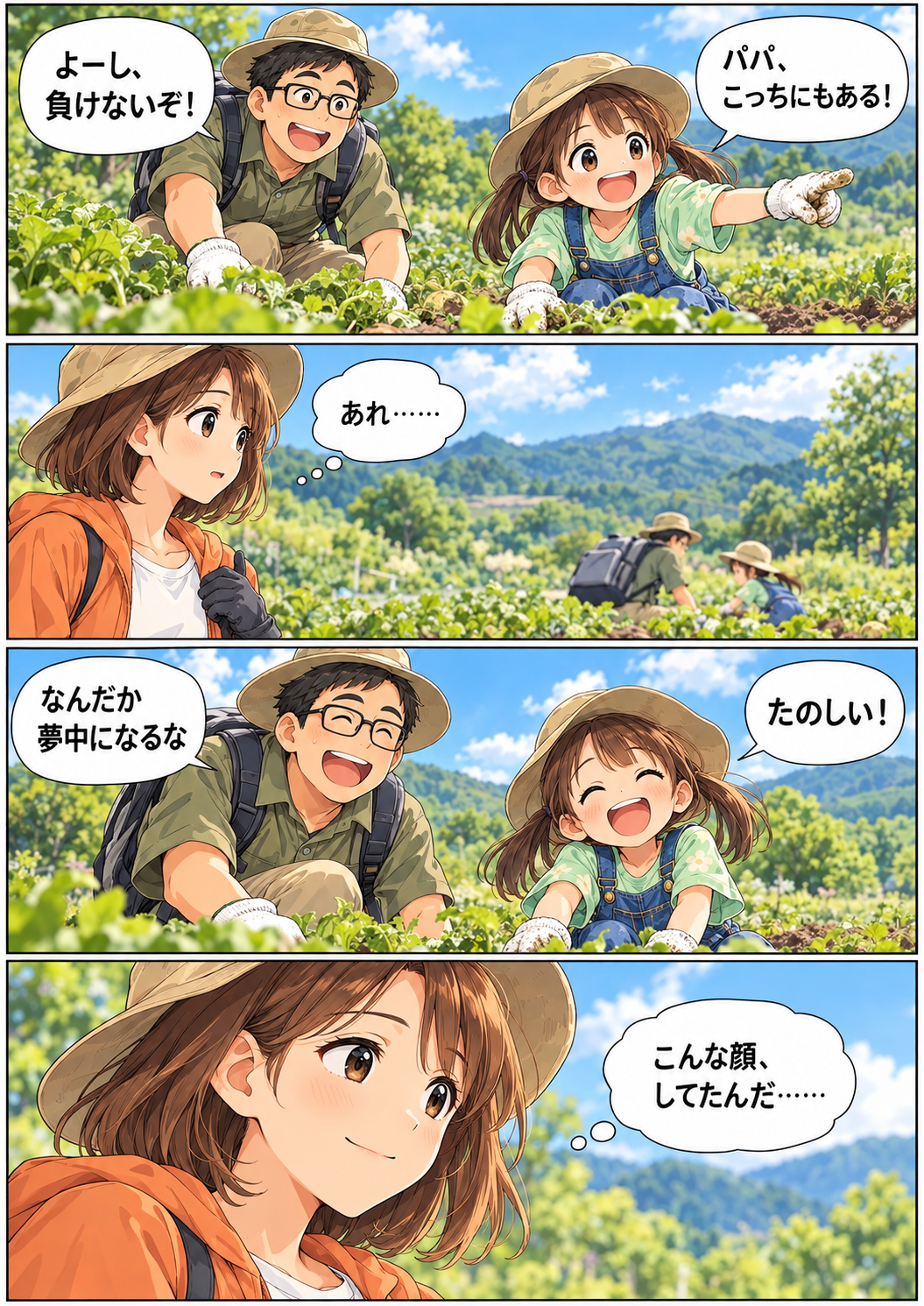 夢中で楽しむ父娘の表情を、理恵が微笑んで見守る。
