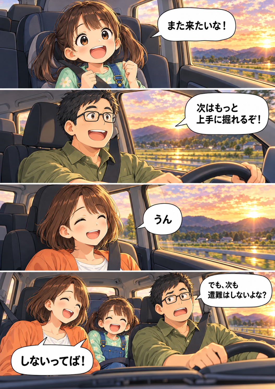 夕暮れの帰り道。家族の会話と和夫の冗談で物語を締める。