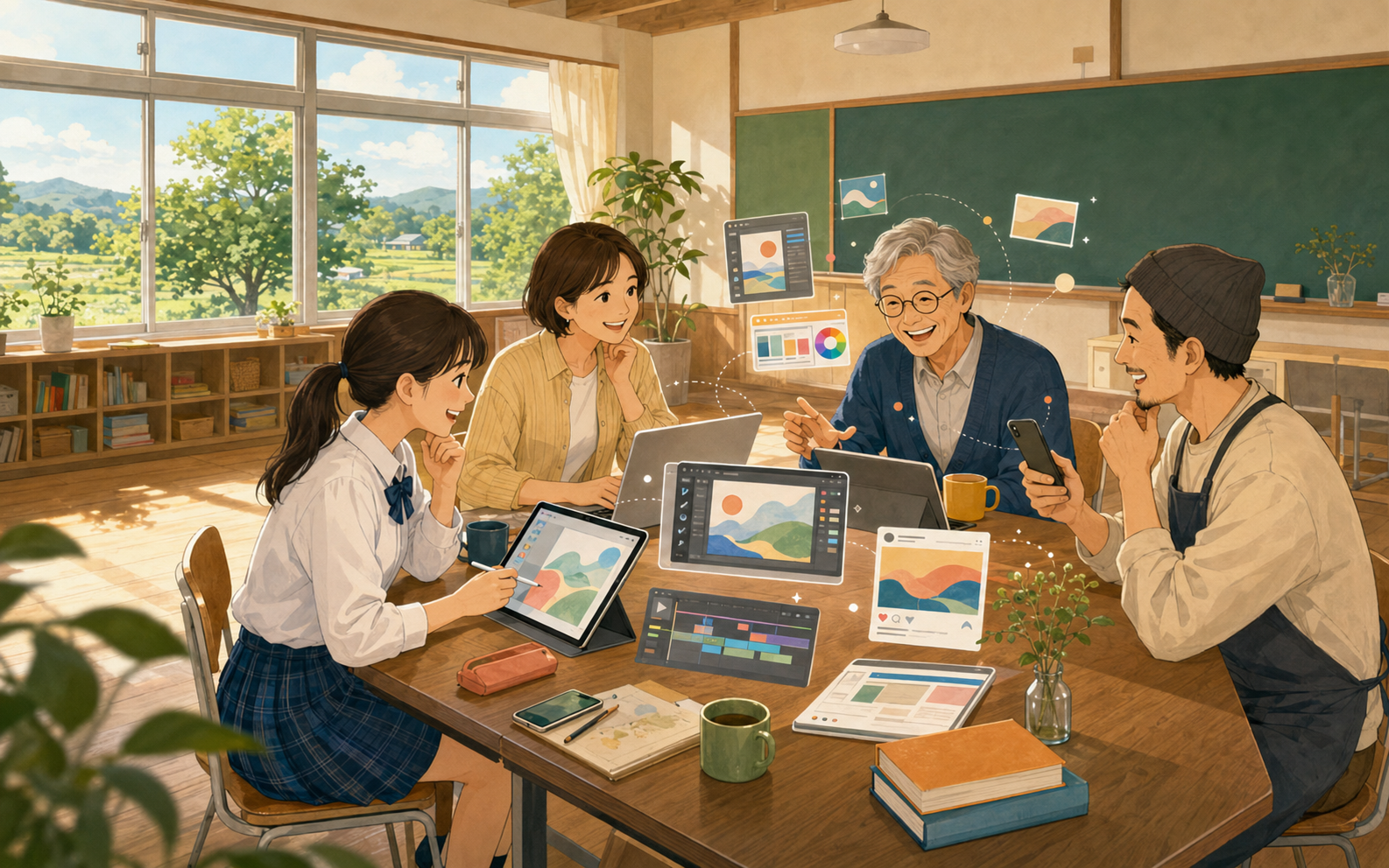 明るい教室で、学生からシニアまでがAIを使った制作を楽しむイメージ