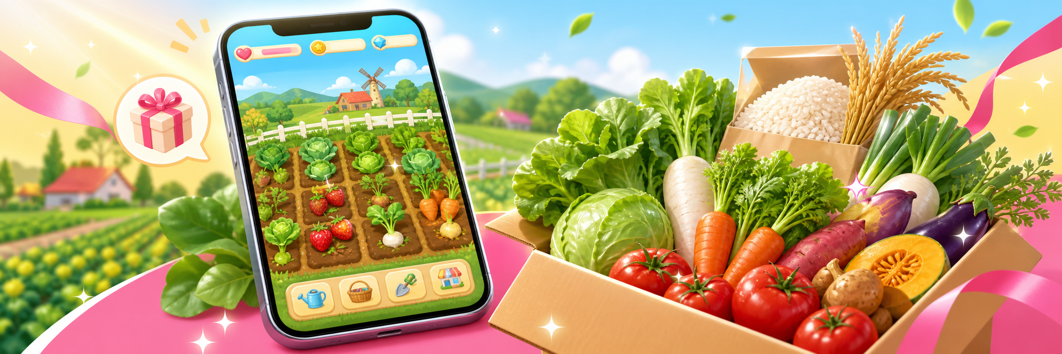 スマホ農園ゲームと産直野菜BOXのイメージ