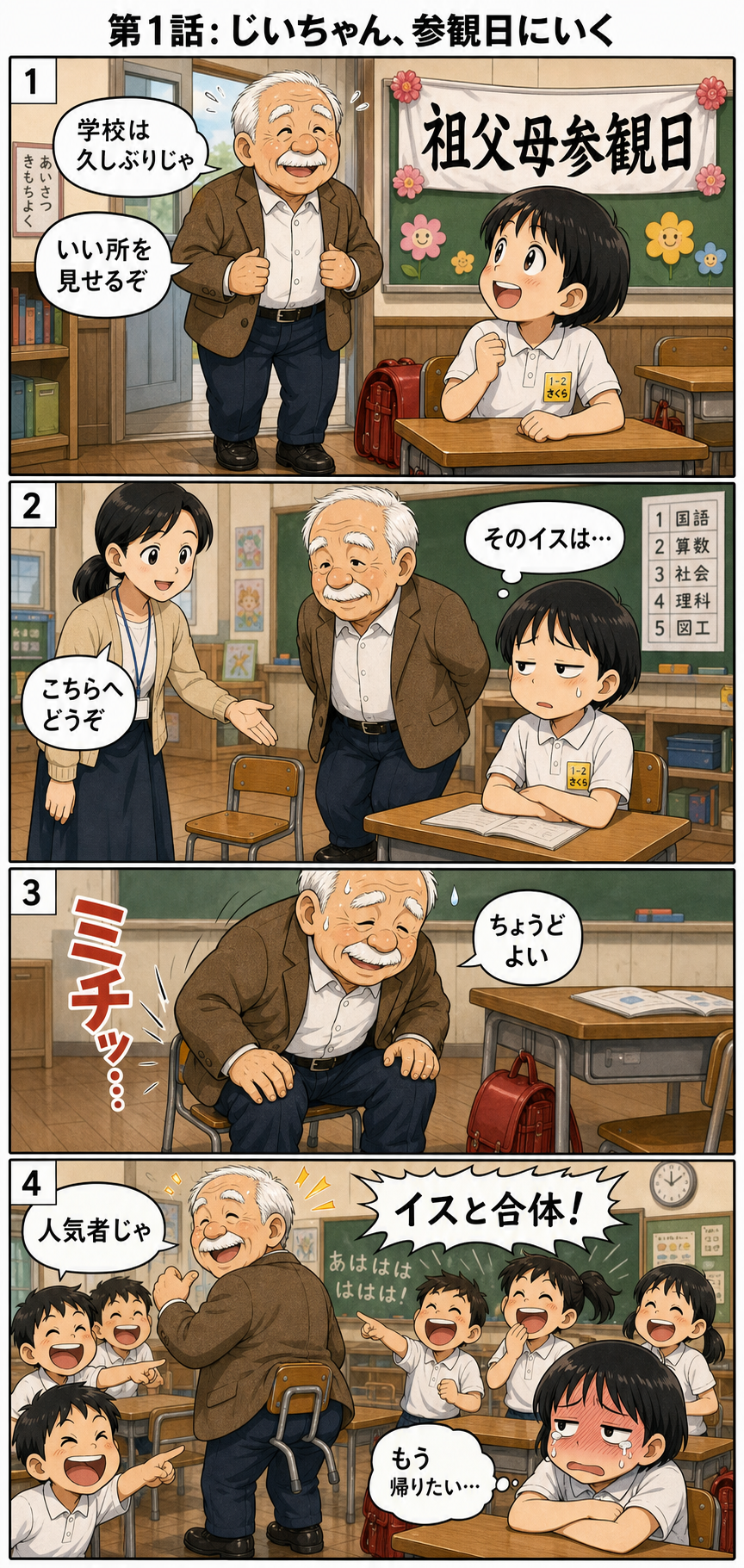 4コマ漫画『じいちゃん、参観日にいく』